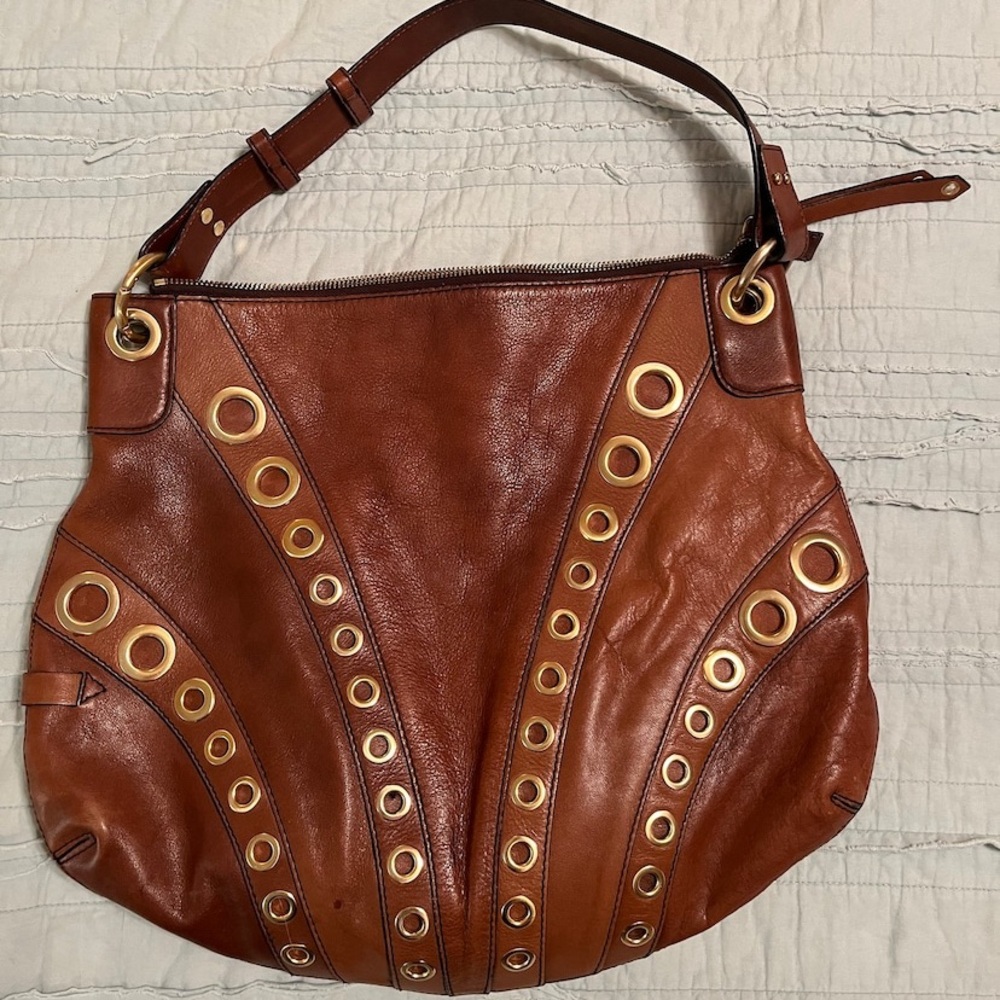 Cole Haan Brown Leather Gold Grommet Shoulder Bag - Picture 2 of 9